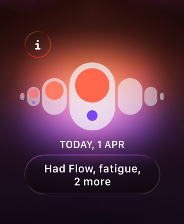 Cycle Tracking in Health app, orange and purple dots highlight different menstruation symptoms
