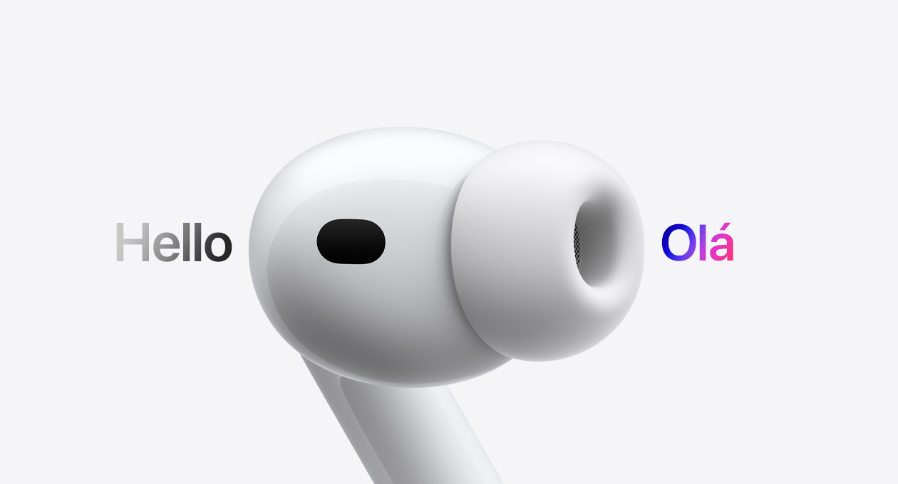 AirPods Pro 3, earbud with silicone tip, Live Translation changes Spanish characters reading 'hola' to English text reading 'hello'