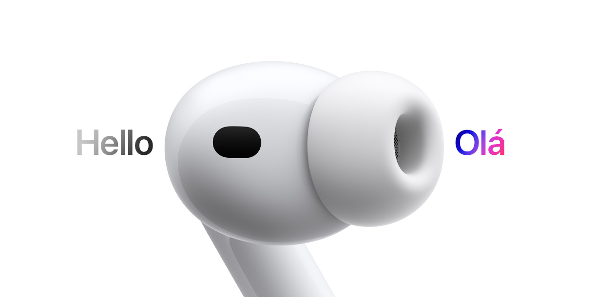 AirPods Pro 3, fone de ouvido com ponta de silicone, a Tradução ao Vivo altera do mandarim para o inglês os caracteres que dizem olá