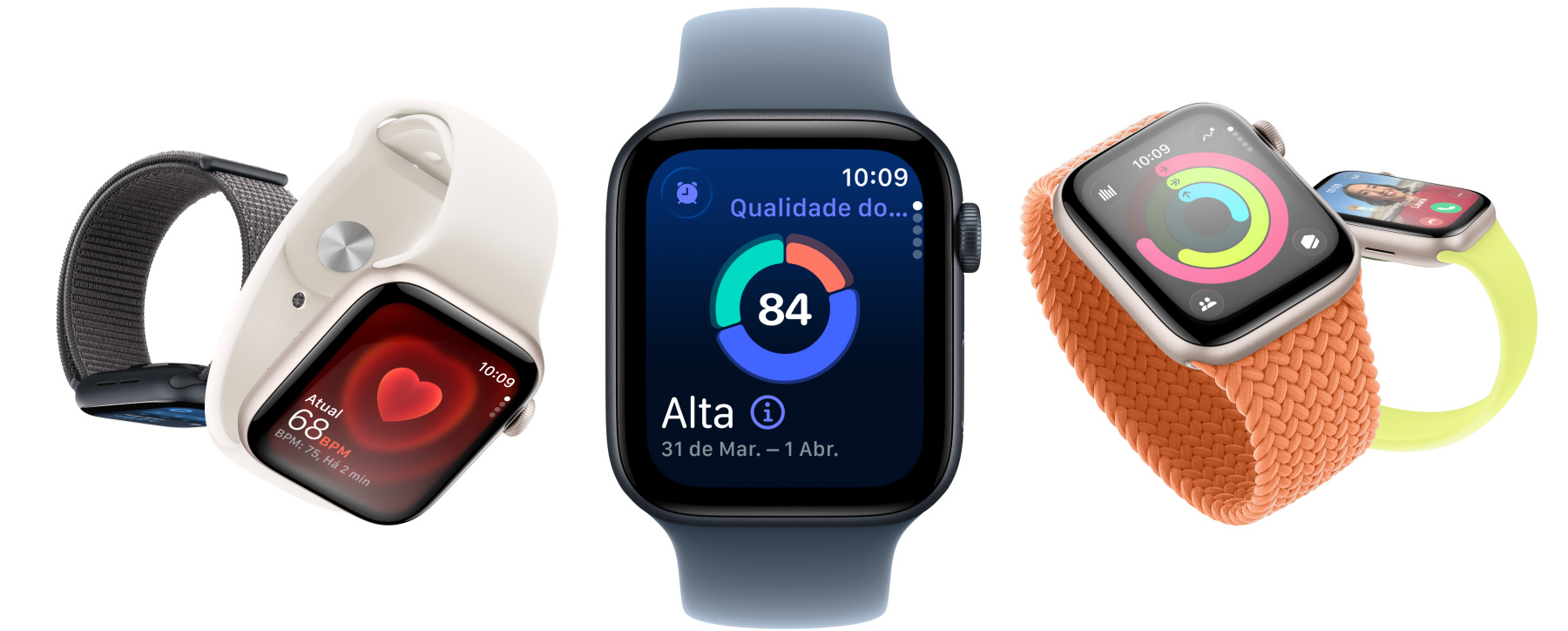 Aparelhos Apple Watch SE 3 com caixa de alumínio nas cores estelar e meia-noite, as telas mostrando os apps Sinais Vitais, Batimentos e Qualidade do Sono, círculos de Atividade e uma chamada recebida