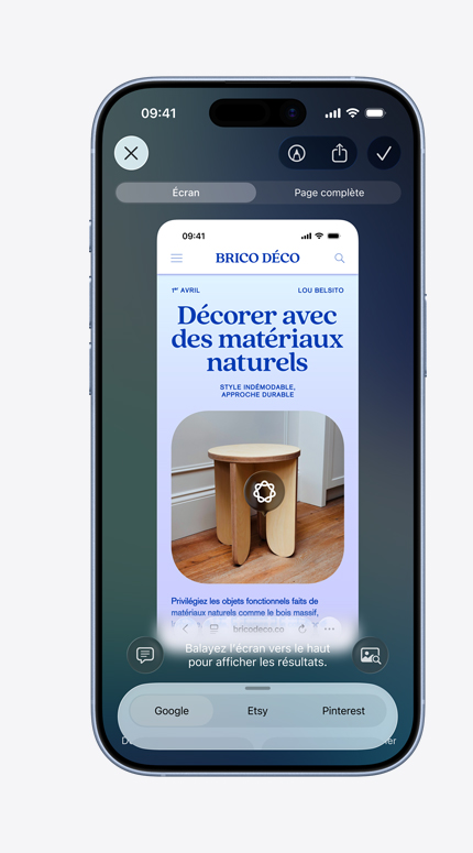 Écran d’iPhone montrant l’utilisation de l’intelligence visuelle en décoration intérieure