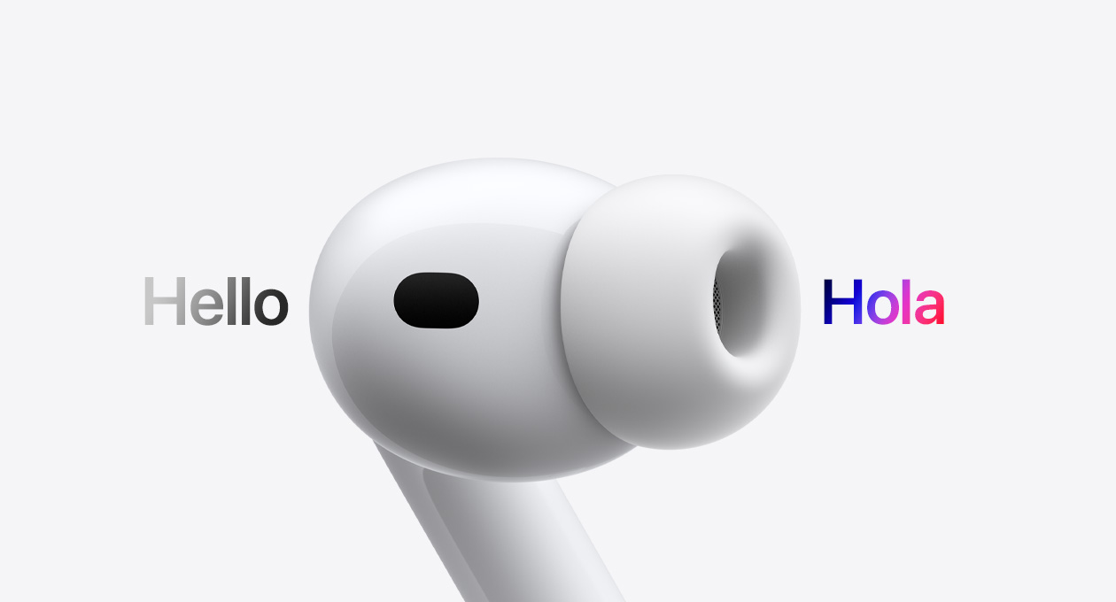 AirPods Pro 3, audífono con almohadilla de silicona, Traducción en Vivo cambia los caracteres en inglés que dicen "hello" a un texto en español que dice "hola"