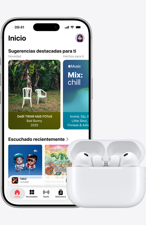 Un iPhone 16 reproduce música junto a unos AirPods