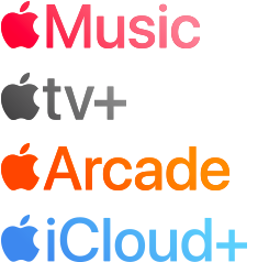Una lista de los servicios de Apple: Apple Music, Apple TV Plus, Apple Arcade y Apple iCloud Plus
