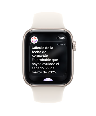 Apple Watch SE 3, caja de aluminio, blanco estelar, notificación de cálculo de la fecha de ovulación de Control del Ciclo en la app Salud, Digital Crown, correa deportiva, blanco estelar