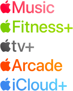 Una lista de los servicios de Apple: Apple Music, Apple Fitness Plus, Apple TV Plus, Apple Arcade y Apple iCloud Plus