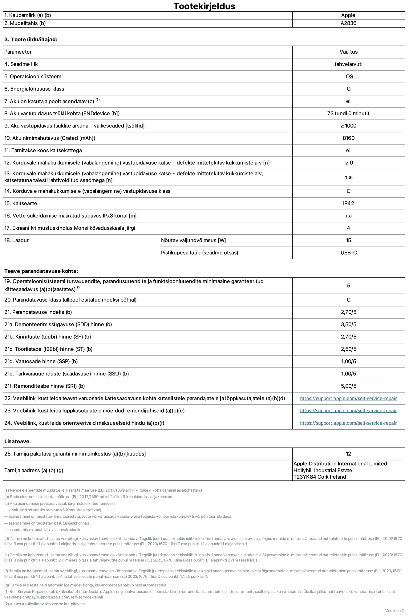 11-tollise iPad Pro Wi-Fi, mudeli A2836 toote infoleht. Tarnija on Apple Distribution International Limited, Hollyhill Industrial Estate. Cork, Ireland T23 YK84. Seadme tüüp: tahvelarvuti. Operatsioonisüsteem: iOS. Energiatõhususklass: G. Aku vahetatav kasutajale: ei. Aku vastupidavus: 73 tundi. Aku kestvustsüklid – vaikesätted: ≥ 1000. Akumaht: 8160 mAh. Korduv vabalangemise usaldusväärsustest – kukub ilma defektita: ≥ 0. Korduv vabalangemise usaldusväärsusklass: E. Tolmu- ja veekindluse kaitse hinnang: IP42. Ekraani kriimustuskindlus Mohsi kõvaduse skaalal: 4. Laadija nõutav väljundvõimsus: 15W. Laadija tüüp: USB-C. Opsüsteemi turva-, korrektiiv- ja funktsionaalsusvärskenduste minimaalne tagatud saadavus: 5 aastat. Parandatavusklass: C. Parandatavusindeks: 2,70/5. Lahtivõtmise sügavuse hinne: 3,50/5. Kinnitusdetailide hinne: 2,70/5. Tööriistade hinne: 2,50/5. Varuosade hinne: 1,00/5. Tarkvaravärskenduste hinne: 1,00/5. Parandusteabe hinne: 5,00/5. Teave varuosade kättesaadavuse kohta professionaalsetele parandajatele ja lõppkasutajatele: _https://support.apple.com/self-service-repair_. Parandusjuhised lõppkasutajatele: _https://support.apple.com/self-service-repair_. Soovituslikud maksueelsed hinnad: _https://support.apple.com/self-service-repair_. 12-kuune üldgarantii.