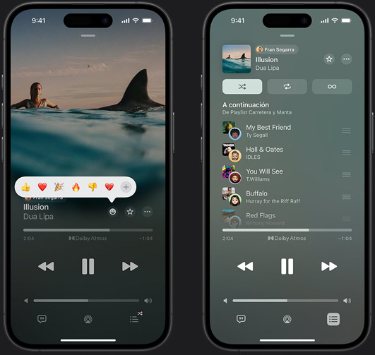 El iPhone de la izquierda muestra «Illusion» de Dua Lipa en la pantalla y el menú de selección de reacciones con varios emojis; el iPhone de la derecha muestra una lista de reproducción colaborativa llamada «Playlist Carretera y Manta» con varias canciones añadidas por otras personas