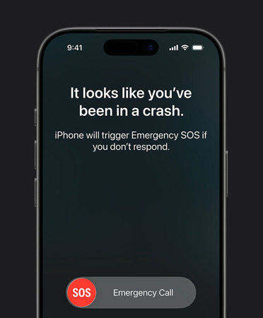 iPhone 17 Pro, voorkant, afgeronde hoeken, de feature Ongelukdetectie wordt gebruikt