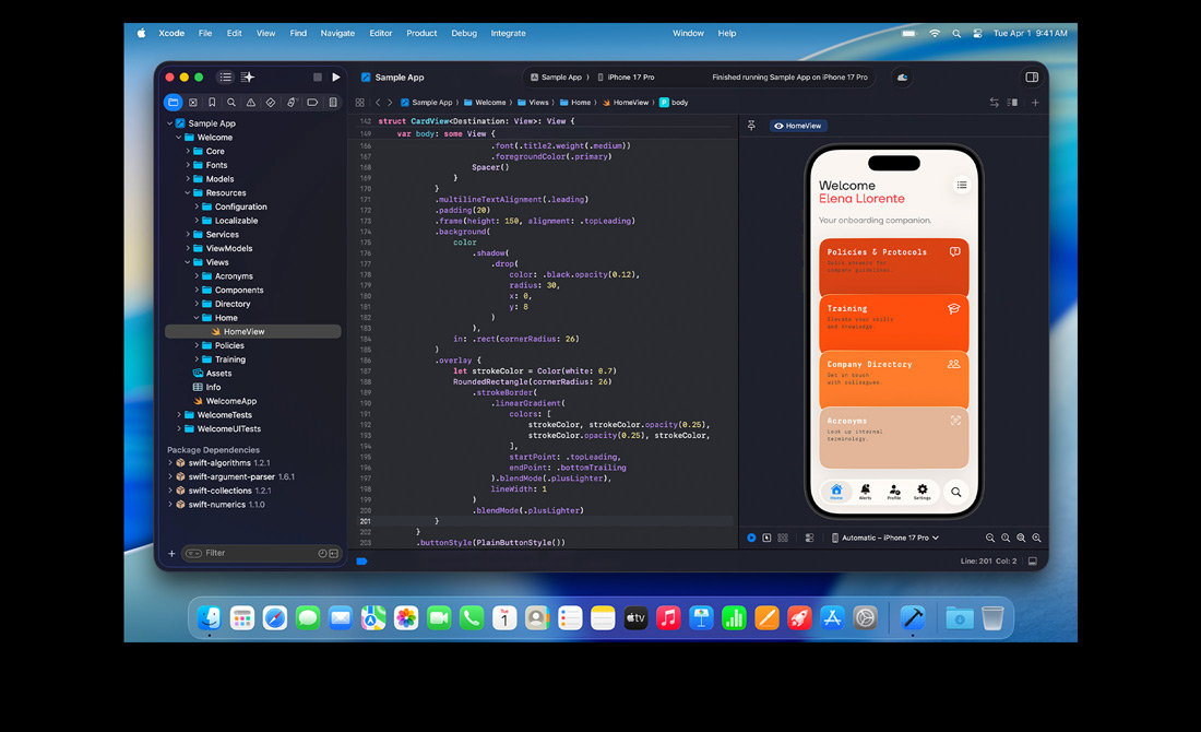 Écran de MacBook Pro montrant la création d’une app pour un marathon de programmation multilingue dans Xcode
