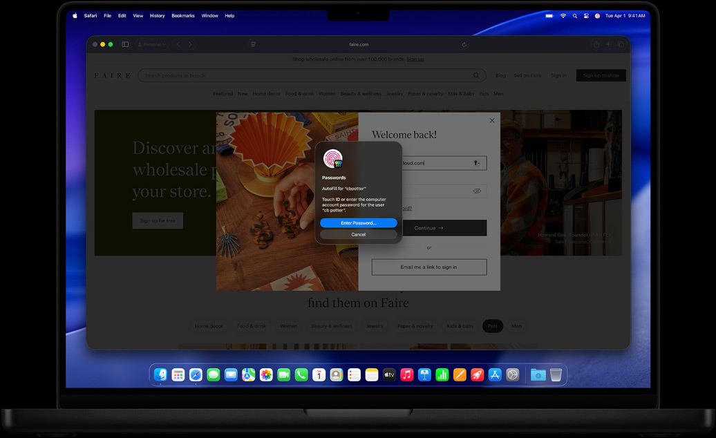 Beim Surfen in Safari wird eine Person aufgefordert, sich mit Touch ID bei einer Website anzumelden