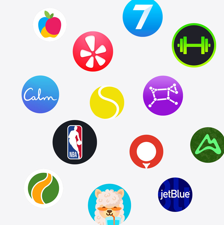 Icônes d’apps pour Apple Watch : ChargePoint, Yelp, Nike Run Club, SmartGym, Calm, NBA, SwingVision, Oceanic+, WeChat, Waterllama, Golfshot, JetBlue, AllTrails
