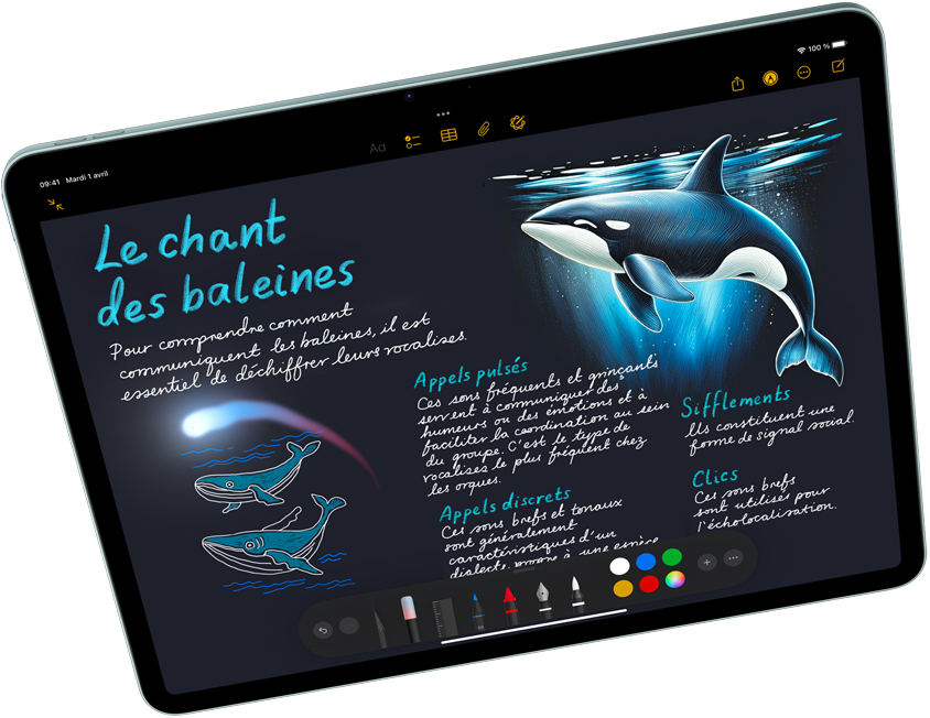 iPad Air en mode paysage présentant Apple Intelligence avec Image Playground, et Keynote, Apple Pencil Pro