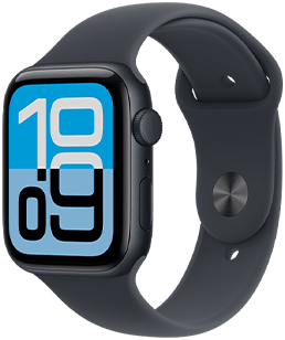 Apple Watch SE 3, κάσα από αλουμίνιο, χρώμα μαύρο του μεσονυκτίου, πρόσοψη ρολογιού Flux, εξωτερική δεξιά πλαϊνή όψη, Digital Crown, μικρόφωνο, πλευρικό κουμπί, λουράκι Sport Band σε χρώμα μαύρο του μεσονυκτίου, ασημί κλείσιμο που κρύβει την καρφίτσα