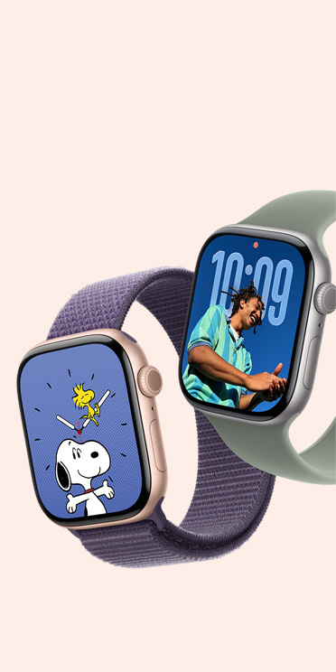 Συσκευές Apple Watch Series 11, κάσα από αλουμίνιο, χρώμα διαστημικό γκρι και κάσα από τιτάνιο, φυσικό χρώμα, προσόψεις ρολογιού Snoopy και Photos, λουράκι Sport Loop, χρώμα μωβ της ομίχλης, λουράκι Solo Loop, χρώμα πράσινο γκρι