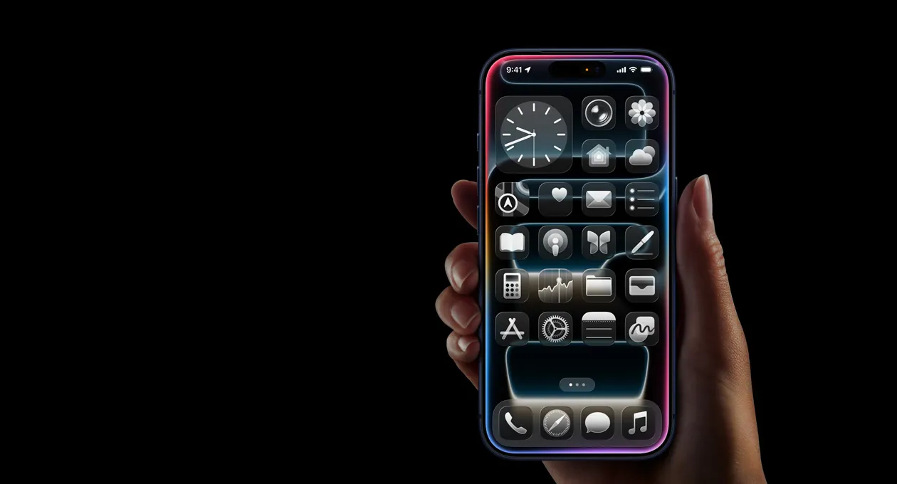 A hand holds iPhone 17 Pro, demonstrating the new iOS design with Liquid Glass 