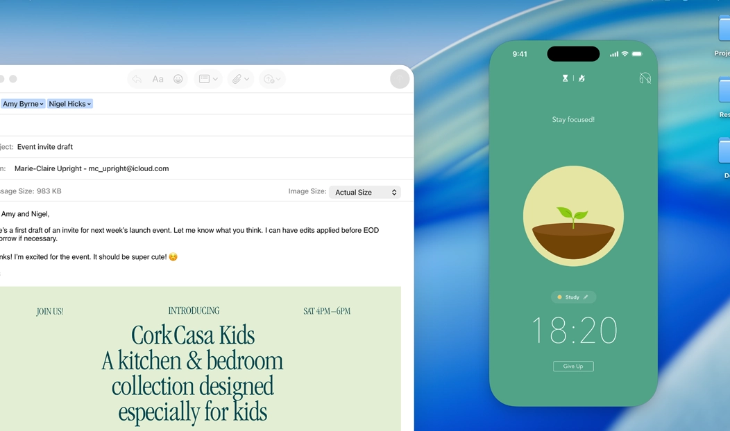 MacBook Pro，已打開郵件 app，iPhone 畫面以鏡像輸出方式在 MacBook Pro 螢幕上顯示，並展示 Forest 專注森林 app