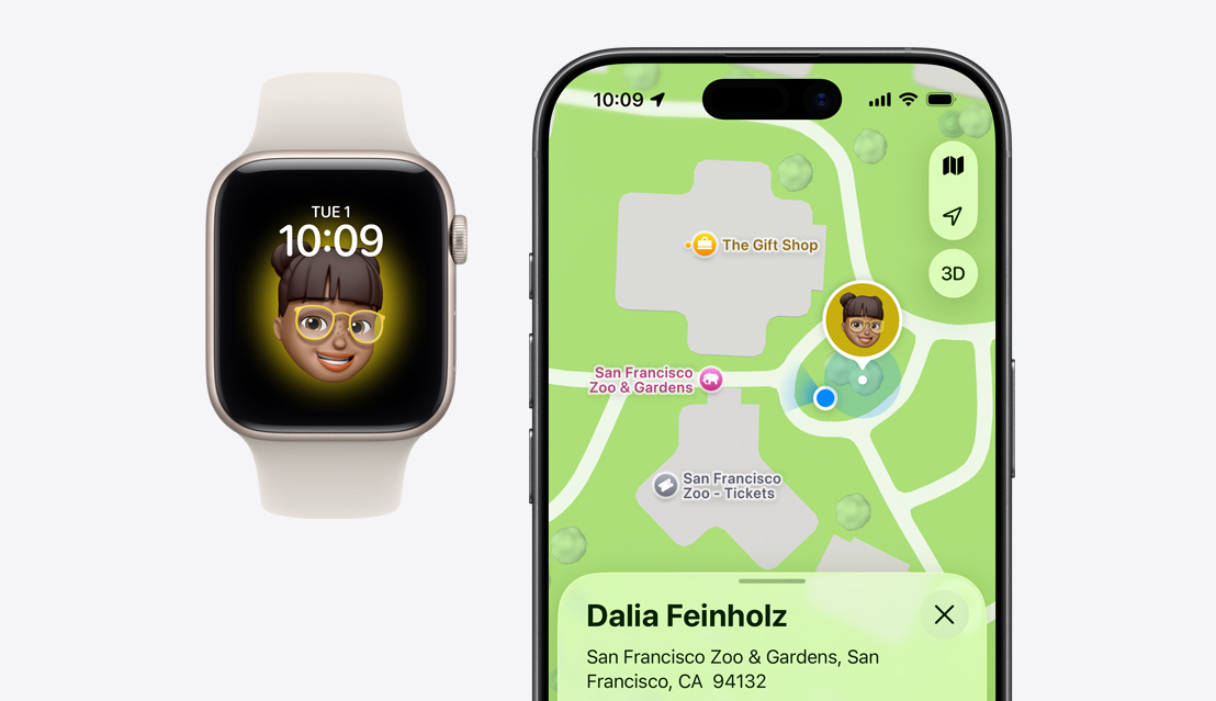 Apple Watch SE 3，螢幕顯示小朋友的 Memoji 畫面；iPhone 17，螢幕顯示尋找 app，以及小朋友在地圖上的位置