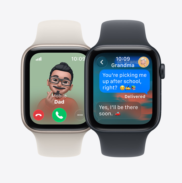兩款 Apple Watch SE 3 裝置，螢幕分別顯示爸爸的來電和嫲嫲傳送的 iMessage 訊息