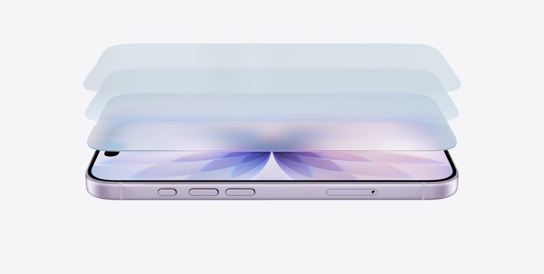 iPhone 17 vodoravno na boku u boji lavande, sa slojevitim dizajnom koji prikazuje Ceramic Shield 2