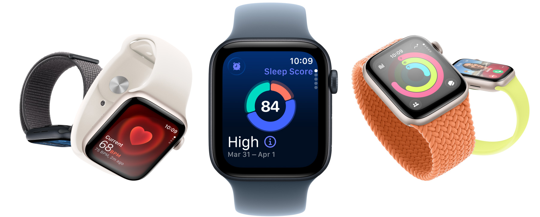 Apple Watch SE 3 eszközök csillagfény és éjfekete alumíniumtokkal, a kijelzőkön a Vitális jelek app, a Pulzus­szám app, az Alvási pontszám, a Tevékenységgyűrűk, illetve bejövő hívás