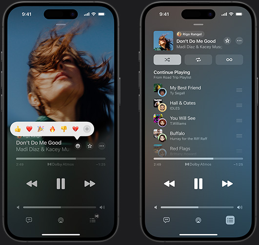 iPhone di sebelah kiri menampilkan Don't Do Me Good oleh Madi Diaz dan Kacey Musgraves diputar di layar dengan prompt emoji reaksi yang menampilkan opsi untuk jempol ke atas, hati, merayakan, jempol ke bawah, atau menambahkan reaksi lain, iPhone di sebelah kanan menampilkan daftar putar Kolaboratif bernama Road Trip Playlist dengan beberapa lagu yang ditambahkan oleh kontributor lain