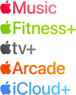 A list of Apple services: Apple Music, Apple Fitness Plus, Apple TV Plus, Apple News Plus, Apple Arcade, and Apple iCloud Plus