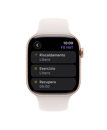 Apple Watch Series 11, cassa in titanio color oro, app Allenamento, scheda di un allenamento personalizzato, cinturino Sport rosa fard
