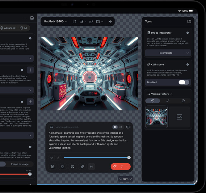 Un iPad Pro visto di fronte, il display mostra il montaggio di un video con una futuristica navicella spaziale e vari strumenti di editing e funzioni AI aperti, tra cui traduttore immagini e CLIP Score