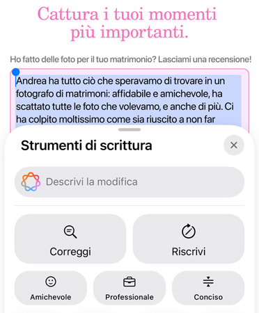 Funzione Strumenti di scrittura in uso con le opzioni Correggi, Riscrivi, Amichevole, Professionale e Conciso