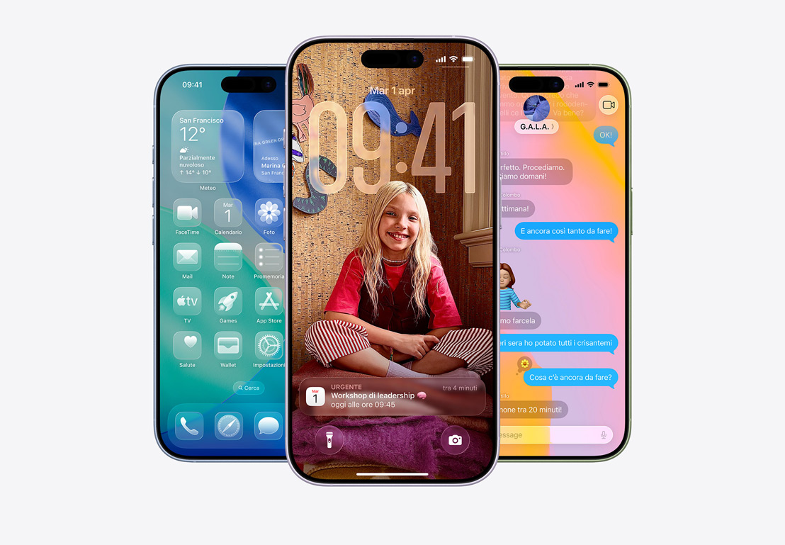 iPhone che mostra un messaggio del filtro delle chiamate, iPhone che mostra notifiche delle app Mail e Messaggi con design Liquid Glass, iPhone che mostra una conversazione in Messaggi con sfondo Liquid Glass