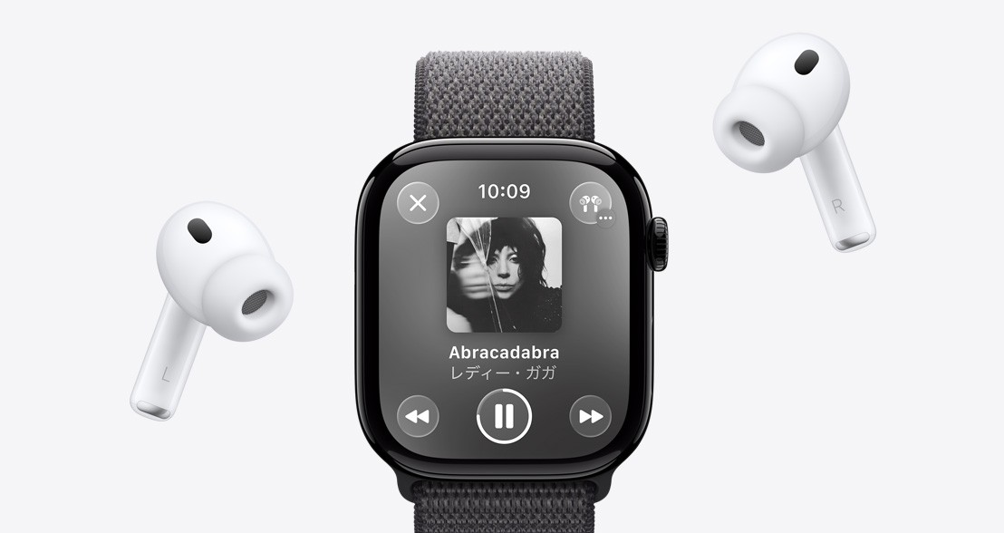 ホワイトのシリコーン製イヤーチップを取りつけたAirPods Pro 3と、光沢のあるジェットブラックアルミニウムケースのApple Watch Series 11。Apple Musicが再生されている