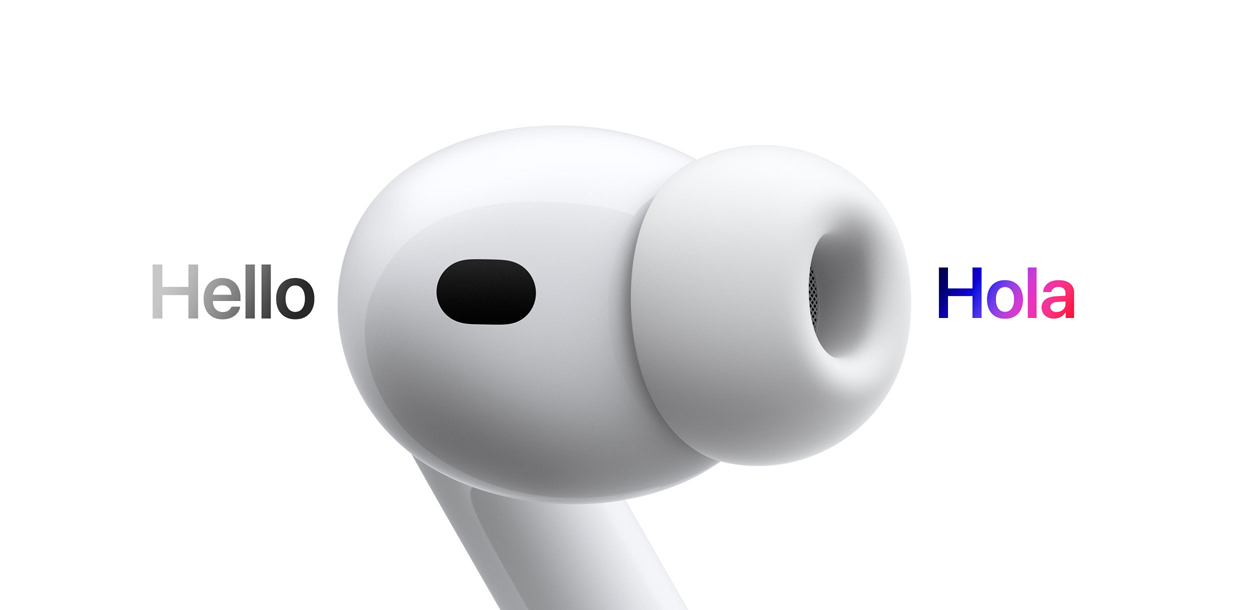 AirPods Pro 3, audífono con almohadilla de silicón, Traducción en Vivo cambia los caracteres en inglés que dicen "hello" a un texto en español que dice "hola"
