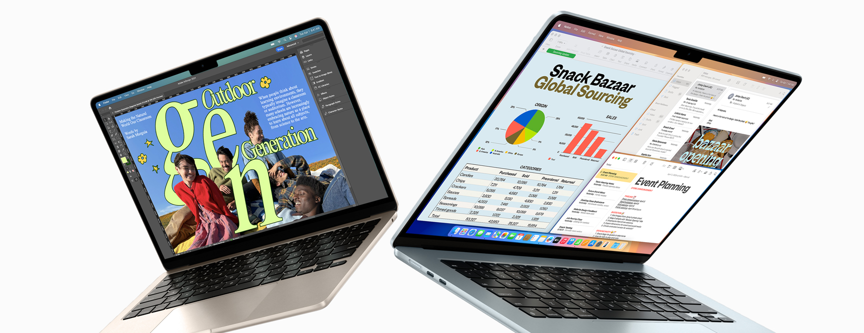 Partially open 13-inch and 15-inch MacBook Air  — one screen shows design work in progress, the other shows multitasking across email and spreadsheets