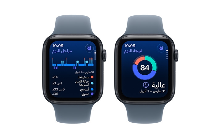 Apple Watch SE 3، وميزة نتيجة النوم، ورسم بياني دائري، وعلامة النتيجة، ومراحل النوم تحلل مدة الاستيقاظ وحركة العين السريعة ومراحل النوم الأساسي والنوم العميق