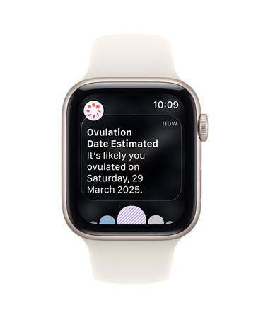 Apple Watch SE 3, aluminum case, starlight color, ovulation date estimation notification from Cycle Tracking in Health app, Digital Crown, Sport Band, starlight color
