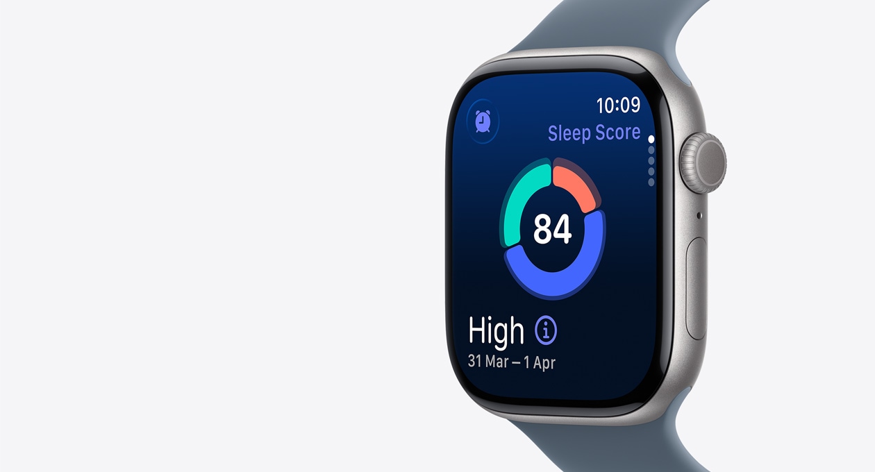 Apple Watch Series 11, aluminum case, screen shows sleep score circle graph, right side exterior, Digital Crown, side button