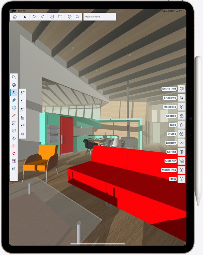 جهاز iPad Air مع قلم Apple مثبت على الجهاز، في الوضع الرأسي، وصورة زاهية الألوان على الشاشة