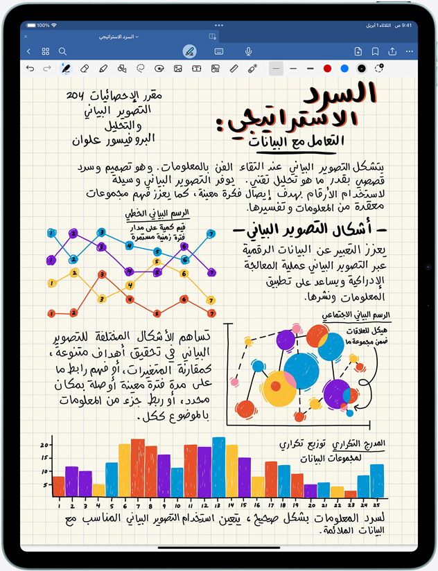 iPad Air في الوضع الأفقي ويظهر على الشاشة ملاحظات وصور