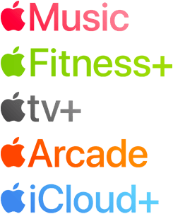 A list of Apple services: Apple Music, Apple Fitness Plus, Apple TV Plus, Apple Arcade, and Apple iCloud Plus