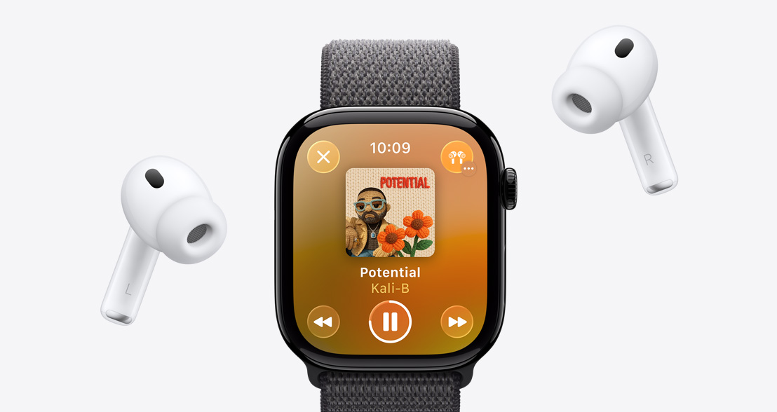 AirPods Pro 3, white, silicone tips, Apple Watch Series 11, aluminum case, polished Jet Balck color, Apple Music playing