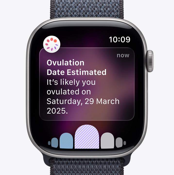 Apple Watch Series 11, space gray color, aluminum case, ovulation date estimation notification from Cycle Tracking in Health app, Digital Crown, Sport Loop, dark gray color