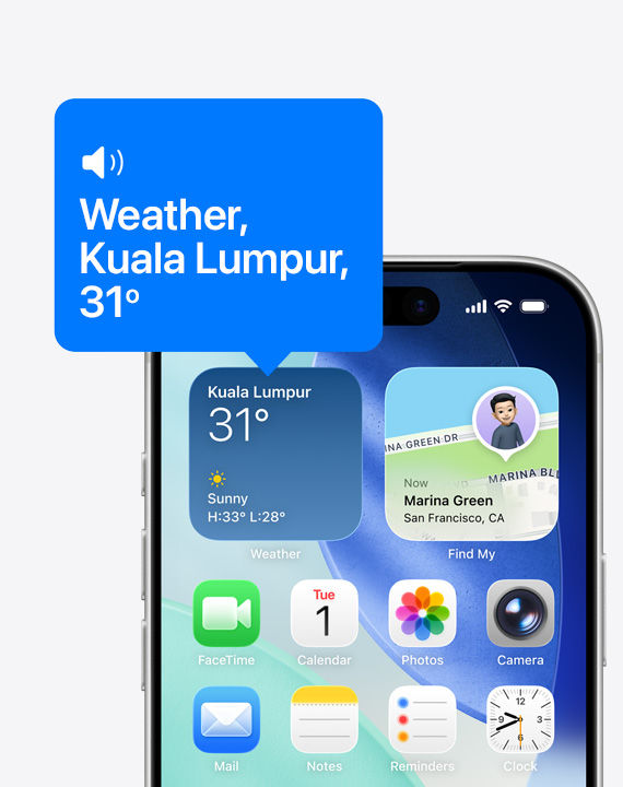 iPhone home screen, icon of weather widget being read aloud with VoiceOver