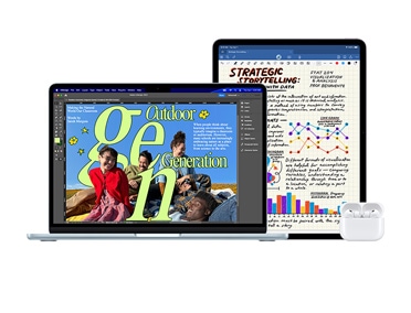 MacBook Pro, AirPods i iPad ustawione obok siebie