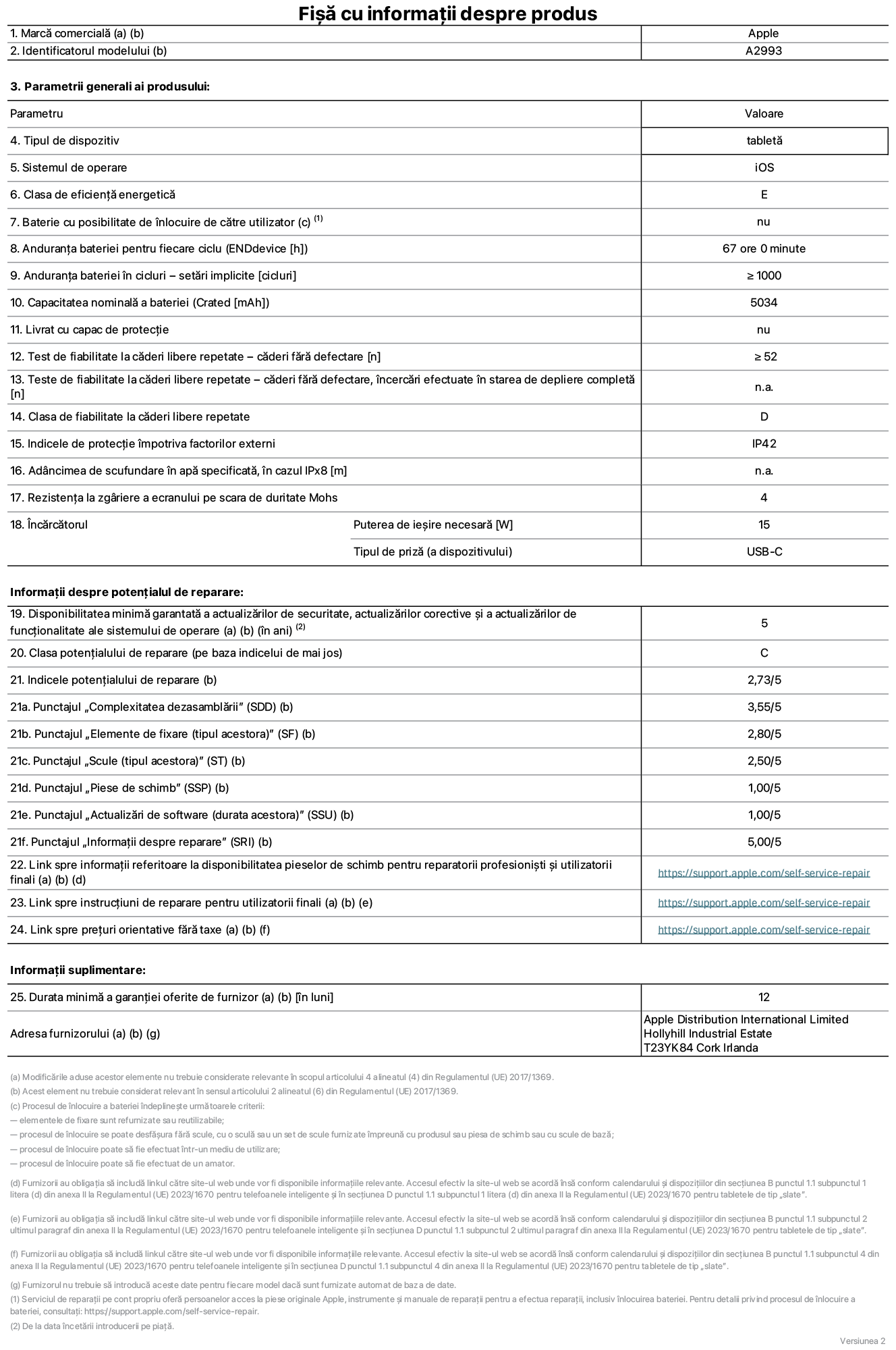 Fișa cu informații despre produs pentru iPad mini Wi-Fi, modelul A2993. Furnizată de Apple Distribution International Ltd, Hollyhill Industrial Estate. Cork, Irlanda T23 YK84. Tipul de dispozitiv: tabletă. Sistemul de operare: iOS. Clasa de eficiență energetică: E. Baterie cu posibilitate de înlocuire de către utilizator: nu. Anduranța bateriei: 67 de ore. Anduranța bateriei în cicluri: mai mare sau egală cu 1000. Capacitatea nominală a bateriei: 5034 mAh. Test de fiabilitate la căderi libere repetate – căderi fără defectare: mai mare sau egal cu 52. Clasa de fiabilitate la căderi libere repetate: D. Indicele de protecție împotriva factorilor externi: IP42. Rezistența la zgâriere a ecranului pe scara de duritate Mohs: 4. Puterea de ieșire necesară pentru încărcător: 15 W. Tipul de priză pentru încărcător: USB-C. Disponibilitatea minimă garantată a actualizărilor de securitate, a actualizărilor corective și a actualizărilor de funcționalitate ale sistemului de operare: 5 ani. Clasa potențialului de reparare: C. Indicele potențialului de reparare: 2,73/5. Punctajul „Complexitatea dezasamblării”: 3,55/5. Punctajul „Elemente de fixare”: 2,80/5. Punctajul „Scule”: 2,50/5. Punctajul „Piese de schimb”: 1,00/5. Punctajul „Actualizări de software”: 1,00/5. Punctajul „Informații despre reparare”: 5,00/5. Link spre informații referitoare la disponibilitatea pieselor de schimb pentru reparatorii profesioniști și utilizatorii finali: https://support.apple.com/self-service-repair. Link spre instrucțiuni de reparare pentru utilizatorii finali: https://support.apple.com/self-service-repair. Link spre prețuri orientative fără taxe: https://support.apple.com/self-service-repair. Garanție generală oferită: 12 luni.