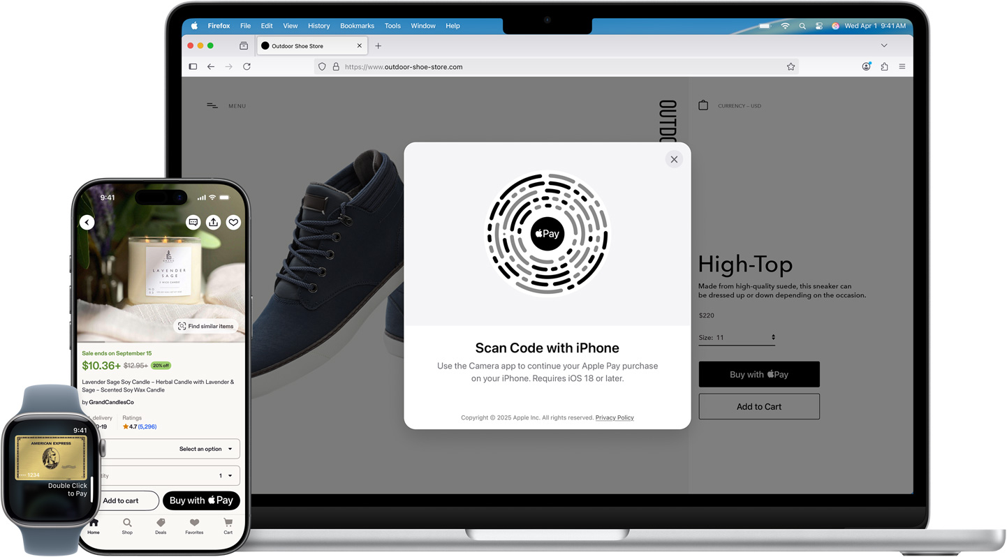 An Apple Watch, an iPhone, and a MacBook all side by side. The Apple Watch shows an American Express credit card. The iPhone shows an Etsy product page with a candle and the option to pay with Apple Pay. The MacBook displays a product page on the Outdoor Shoe Store website and an Apple Pay overlay with a QR code prompting the payer to use their iPhone to continue their purchase.