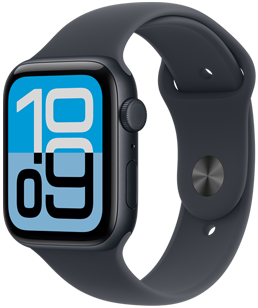 Apple Watch SE 3 بإطار من الألومنيوم ولون سماء الليل، وواجهة الساعة "التدفق"، والجزء الخارجي الأيمن يُظهر التاج الرقمي والميكروفون والزر الجانبي، وحزام رياضي بلون سماء الليل، ومشبك فضي على شكل مسمار