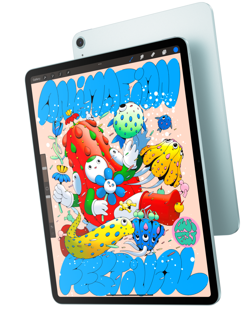 الجزء الأمامي الخارجي للموديل مقاس 13 إنش من جهاز iPad Air ويظهر عليه تطبيق Procreate ويتداخل مع الجزء الخلفي الخارجي لجهاز iPad Air باللون الأزرق