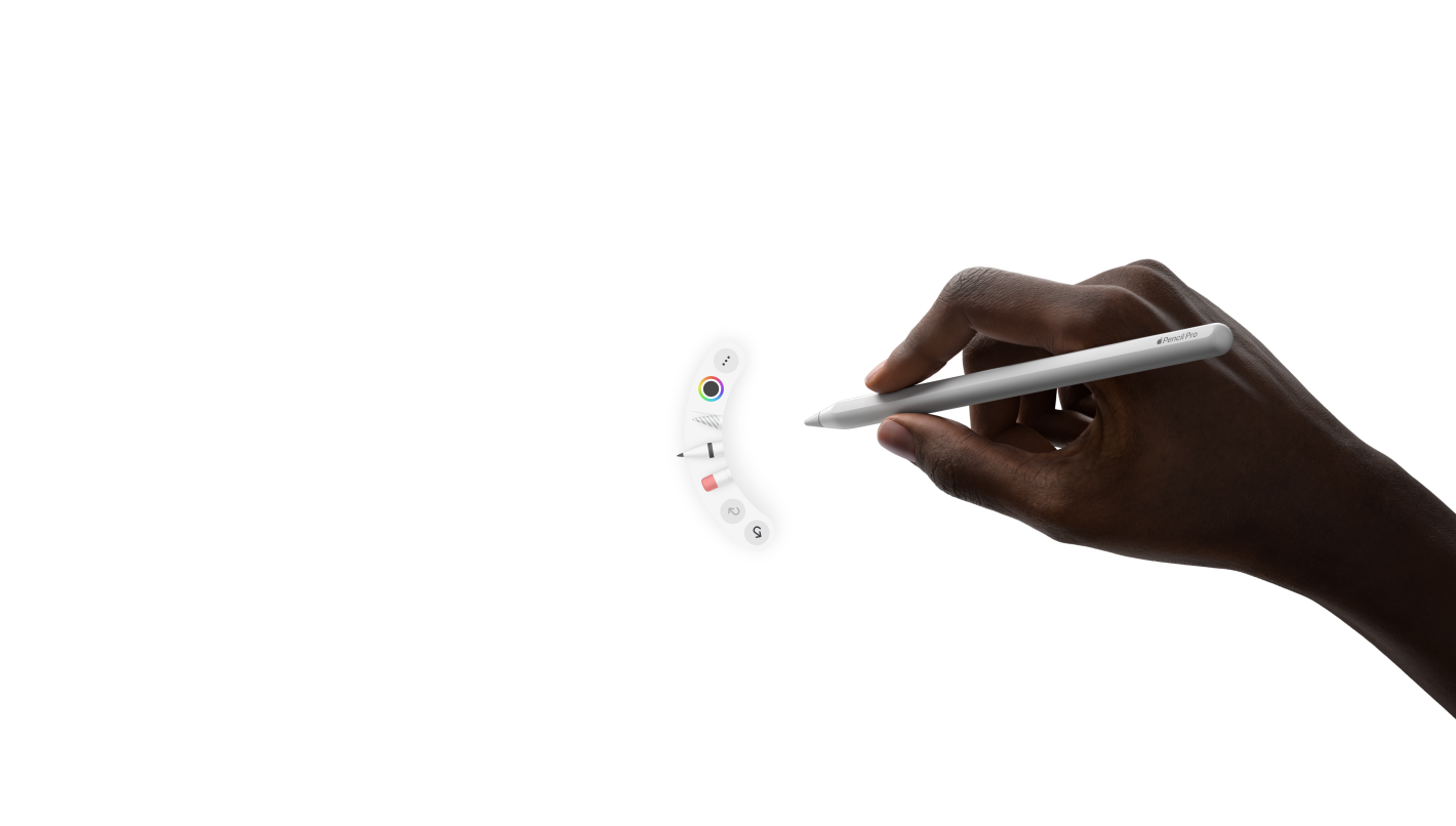 iPad Pro, Vorderansicht, Querformat, Animation einer Hand, die den Apple Pencil Pro hält, die Druck Geste ruft eine Palette von Tools unter der Pencil Spitze auf