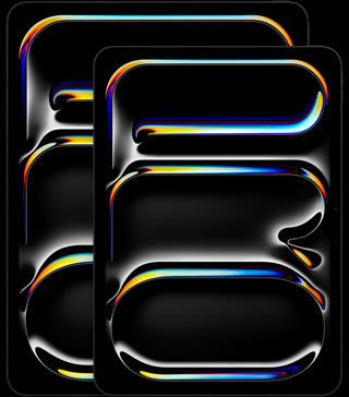 13" iPad Pro, 11" iPad Pro, Hochformat, Vorderseite, Farbe Space Schwarz, gerundete Ecken, schwarzer Displayrand, die Displays zeigen das mehrfarbige, geschwungene abstrakte Wort „PRO“ im Hochformat